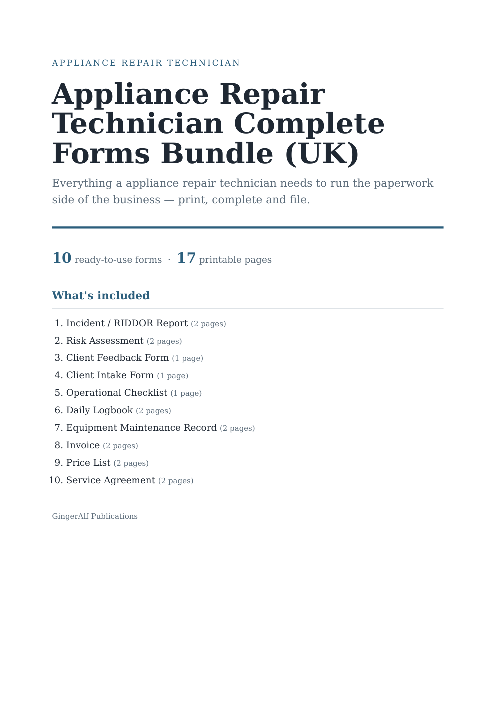 Appliance Repair Technician Complete Forms Bundle (UK) — preview