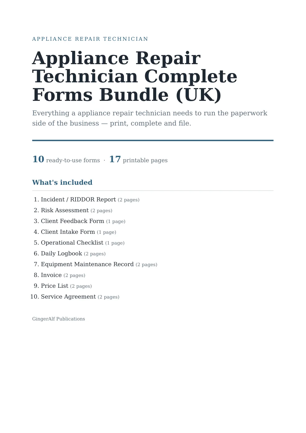 Appliance Repair Technician Complete Forms Bundle (UK) preview