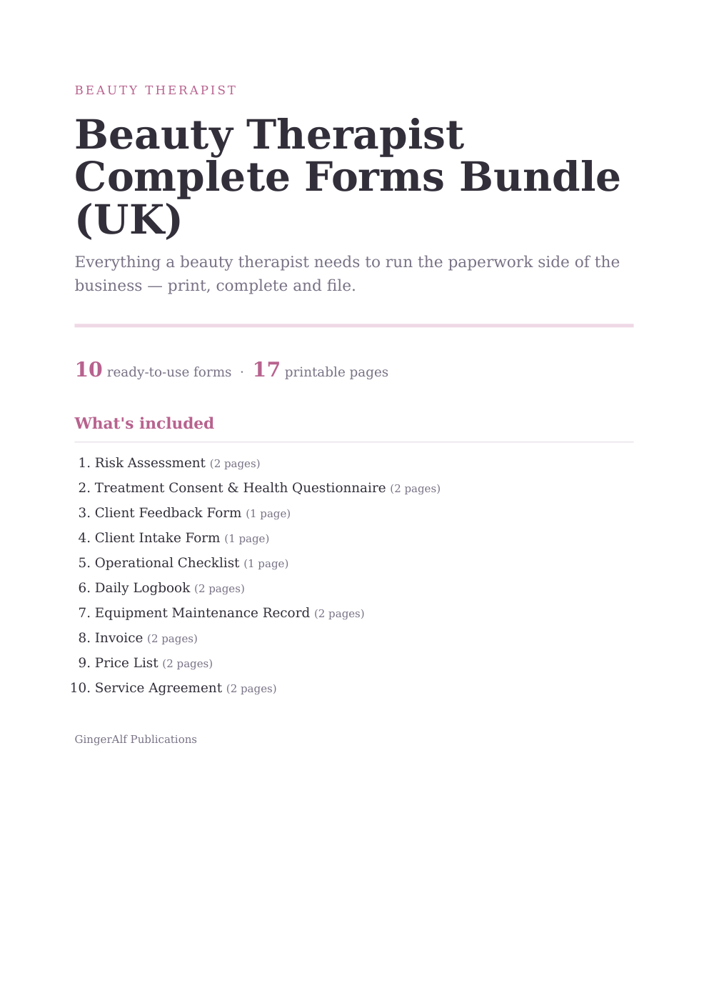 Beauty Therapist Complete Forms Bundle (UK) — preview