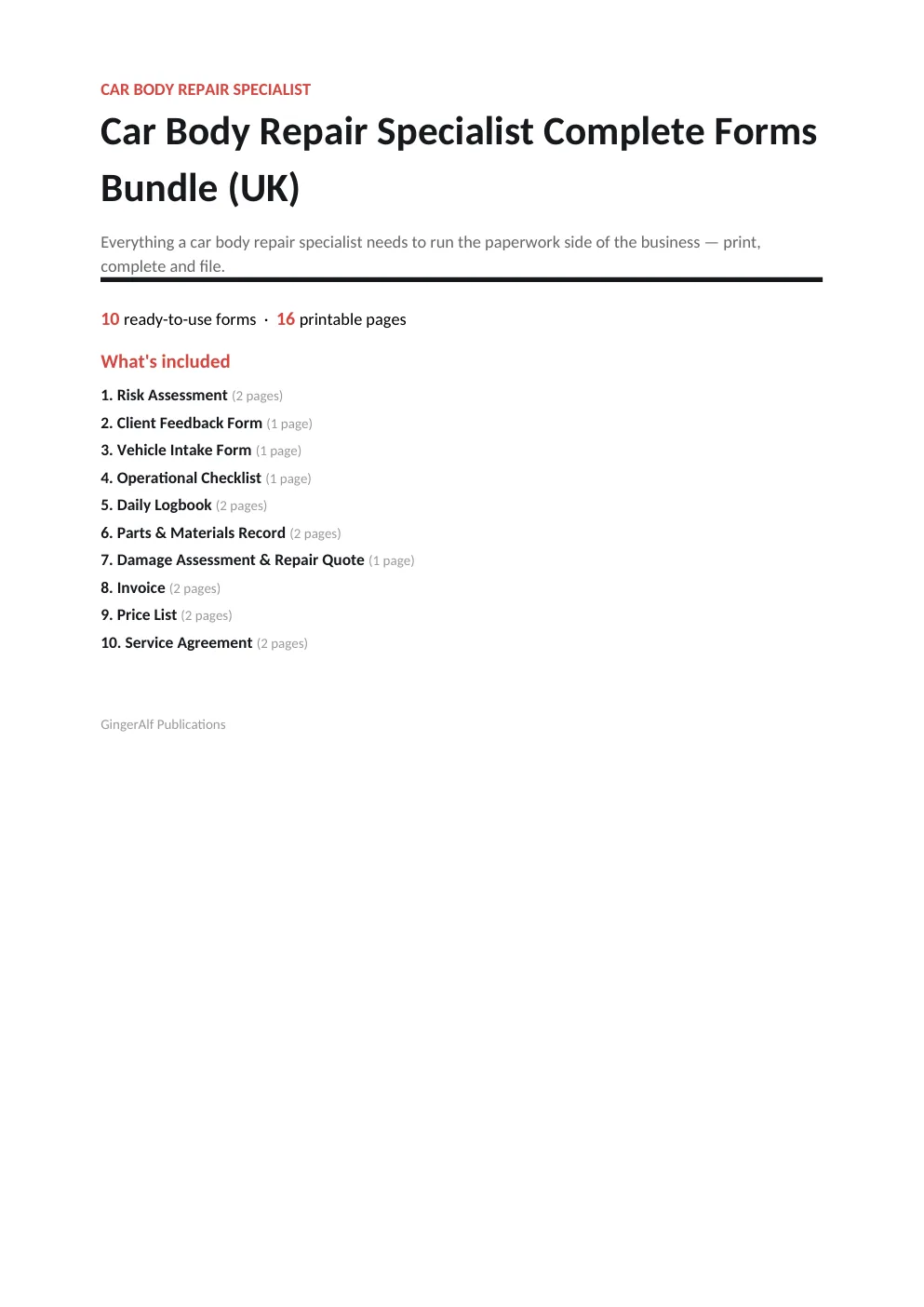 Car Body Repair Specialist Complete Forms Bundle (UK) preview