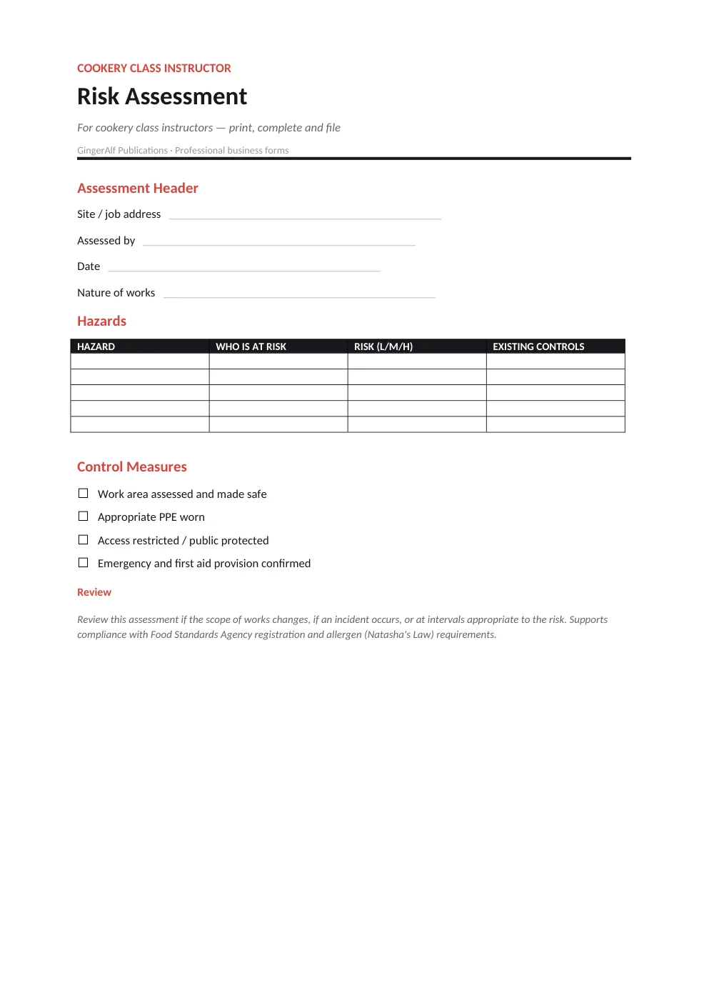 Cookery Class Instructor Complete Forms Bundle (UK) preview 2