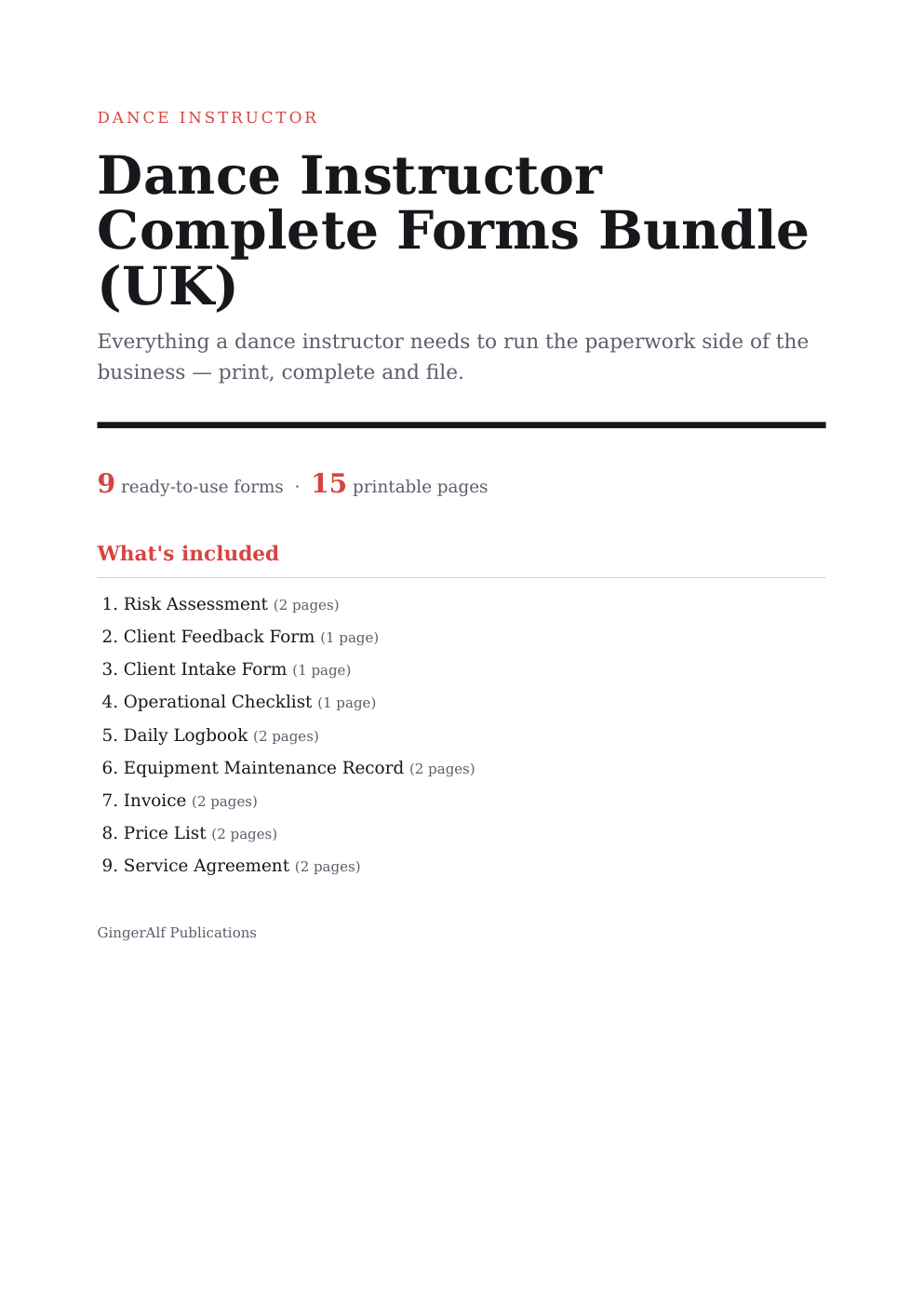 Dance Instructor Complete Forms Bundle (UK) — preview