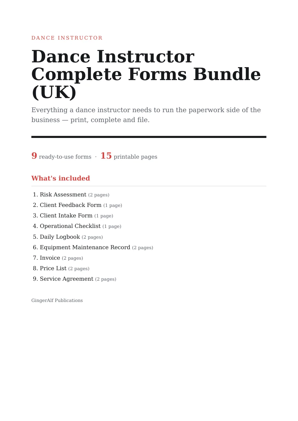 Dance Instructor Complete Forms Bundle (UK) — preview
