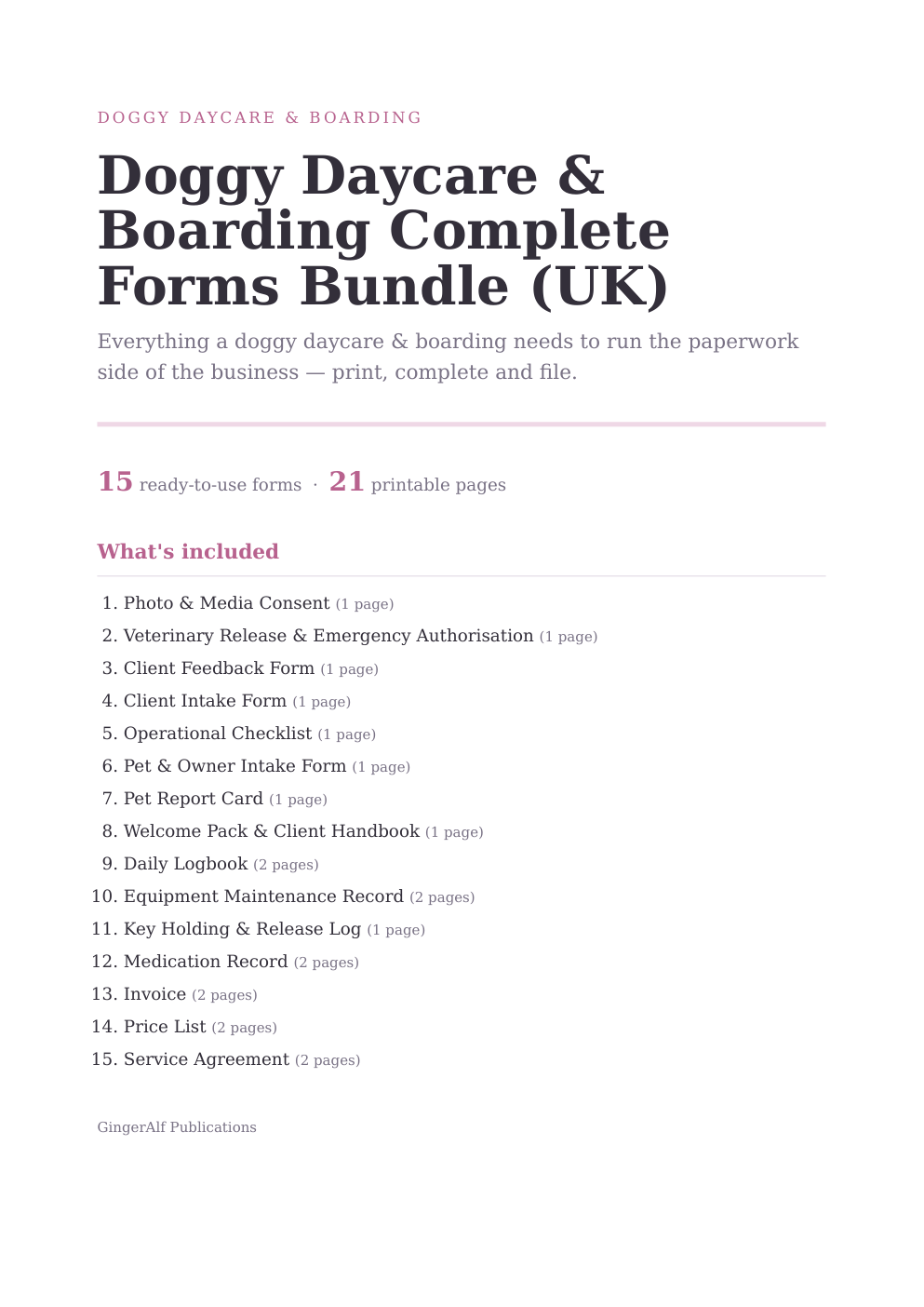 Doggy Daycare & Boarding Complete Forms Bundle (UK) — preview