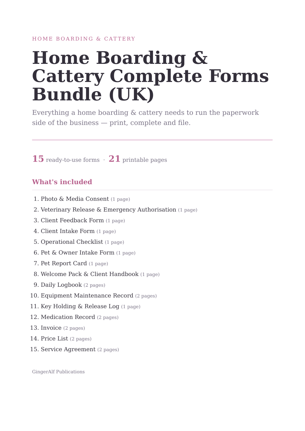 Home Boarding & Cattery Complete Forms Bundle (UK) — preview