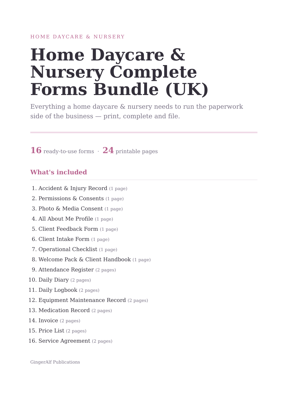 Home Daycare & Nursery Complete Forms Bundle (UK) — preview