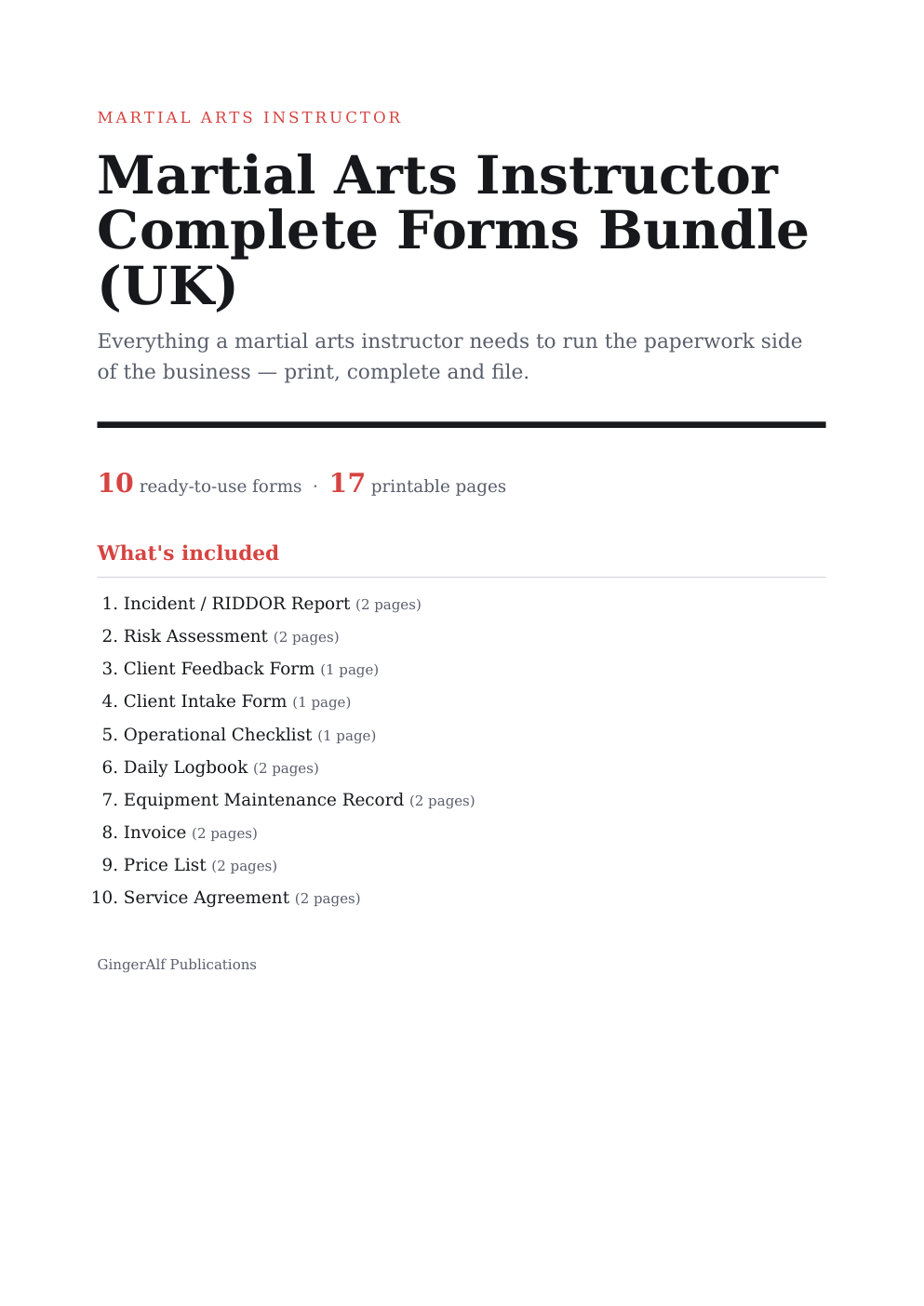 Martial Arts Instructor Complete Forms Bundle (UK) — preview