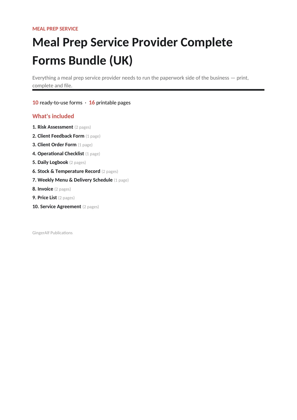 Meal Prep Service Provider Complete Forms Bundle (UK) preview