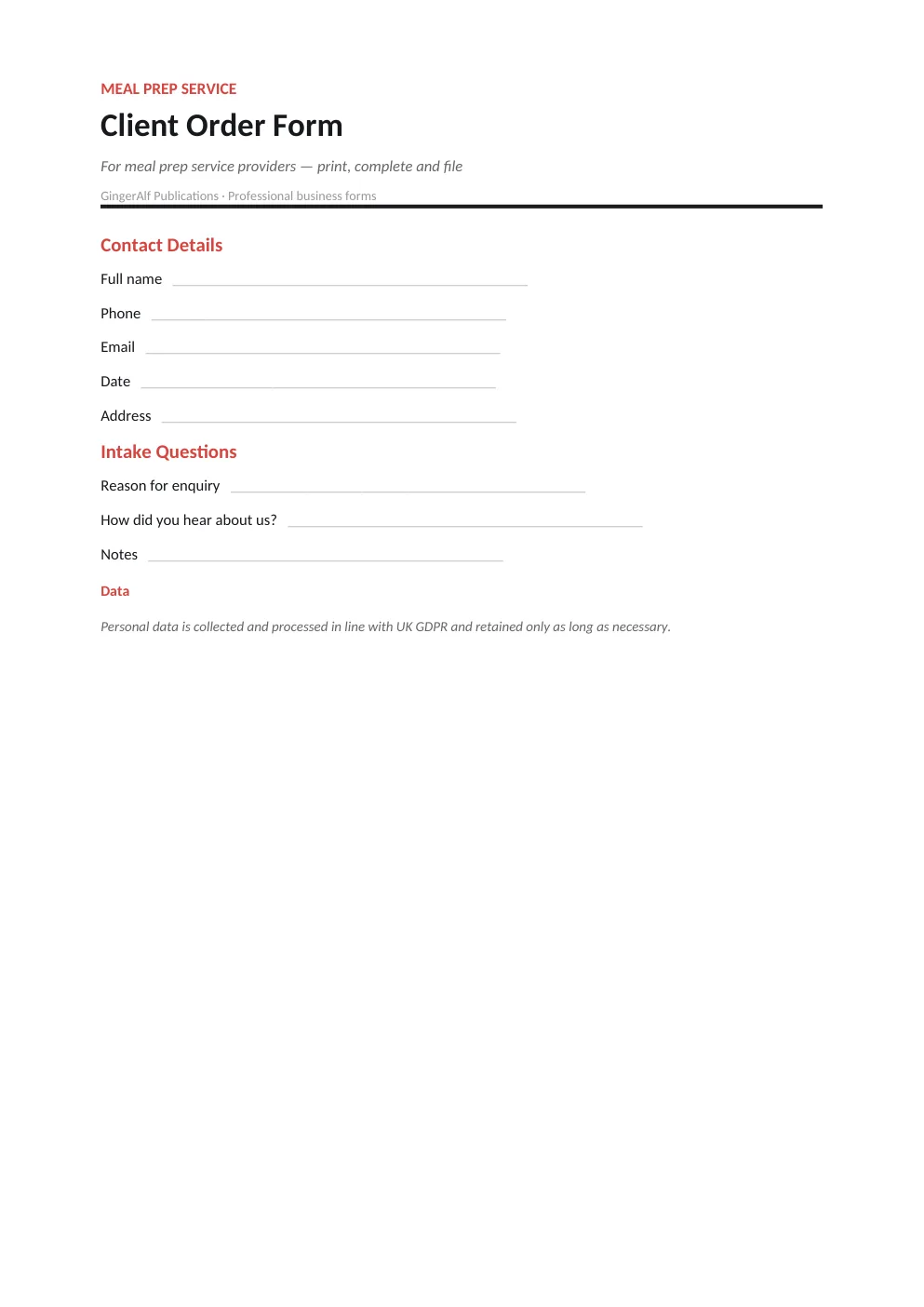 Meal Prep Service Provider Complete Forms Bundle (UK) preview 4