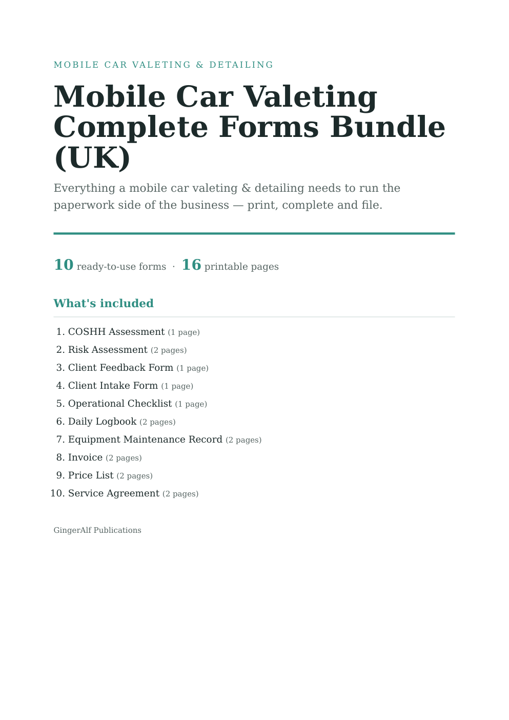 Mobile Car Valeting Complete Forms Bundle (UK) — preview