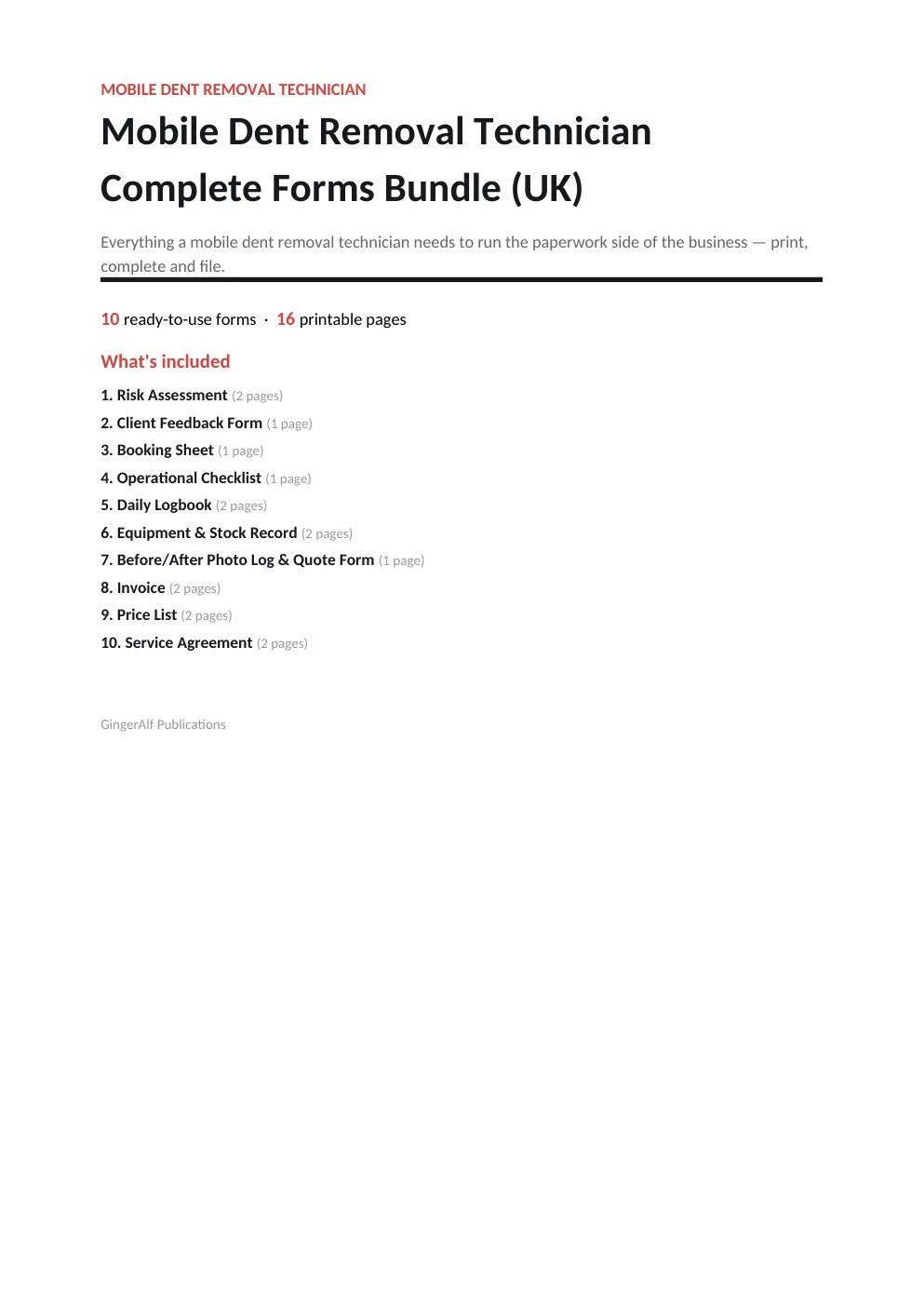 Mobile Dent Removal Technician Complete Forms Bundle (UK) preview