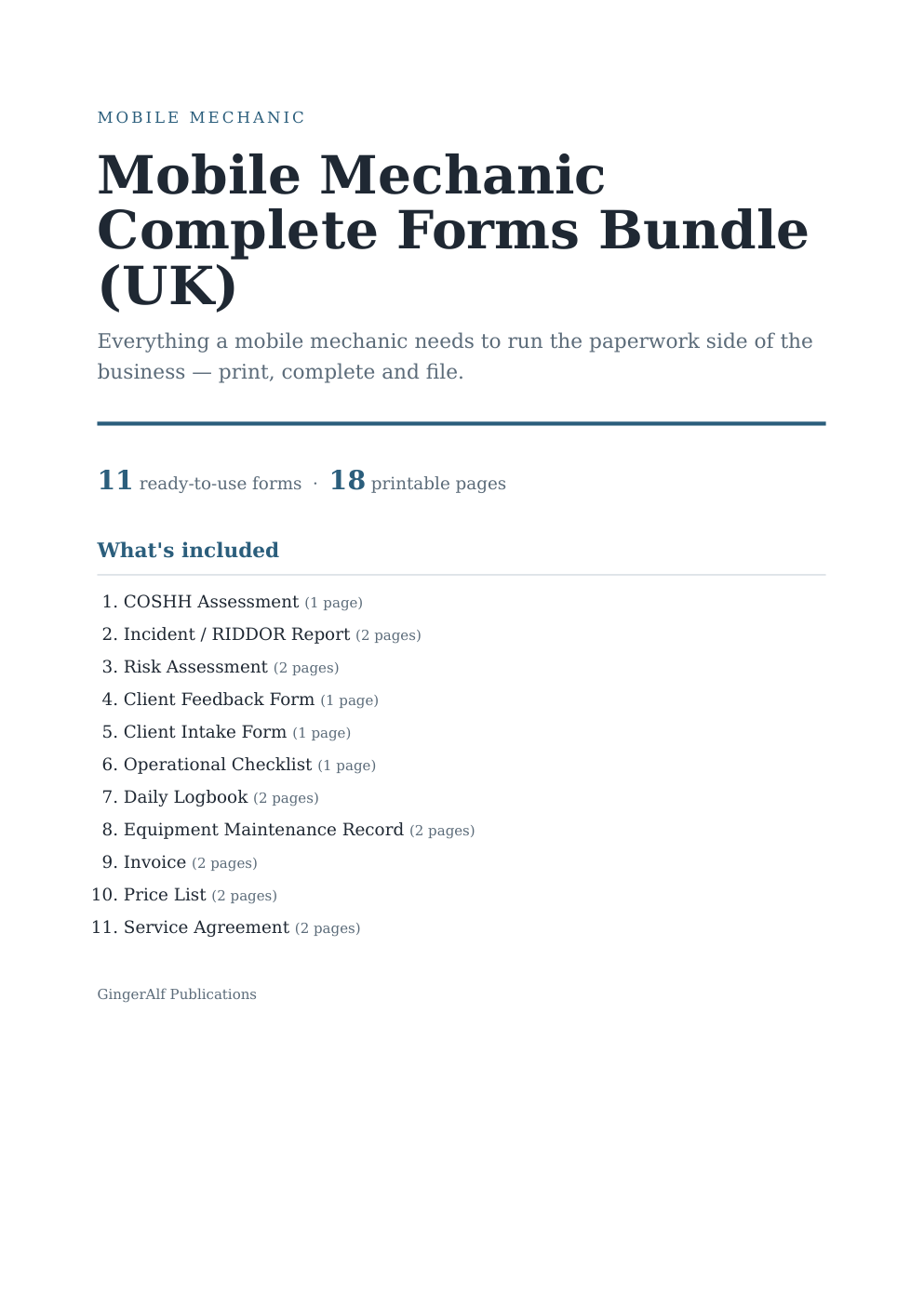 Mobile Mechanic Complete Forms Bundle (UK) — preview