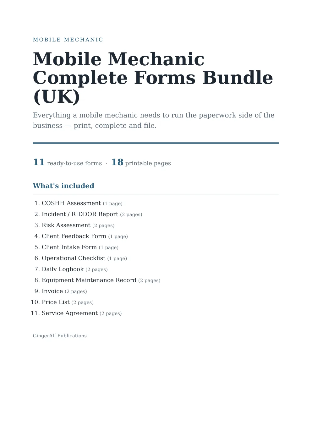 Mobile Mechanic Complete Forms Bundle (UK) preview