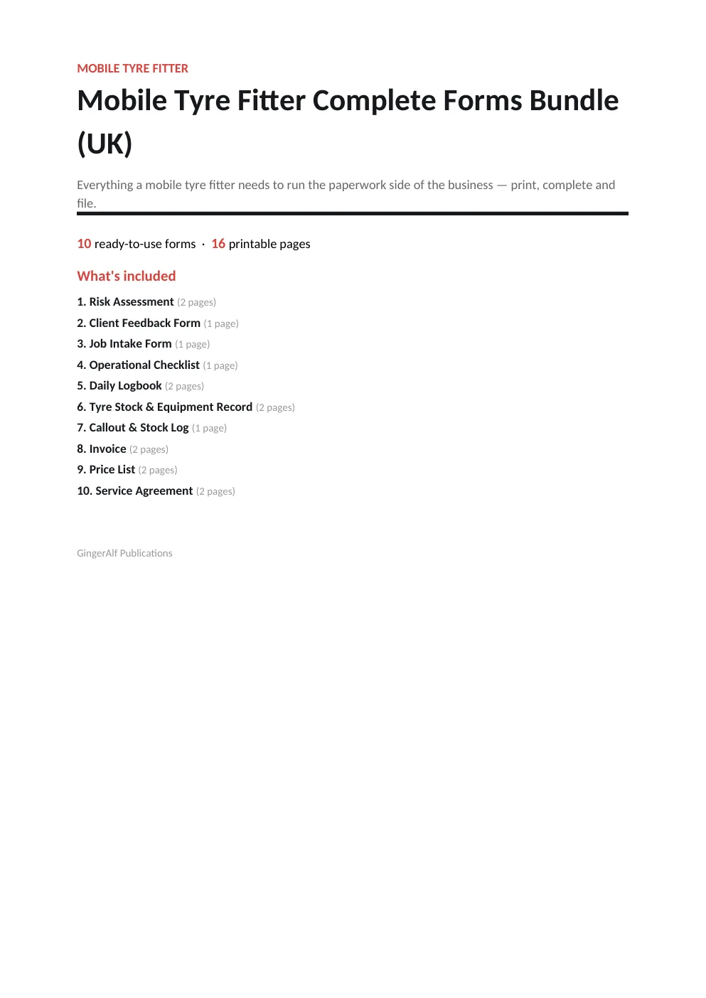 Mobile Tyre Fitter Complete Forms Bundle (UK) preview