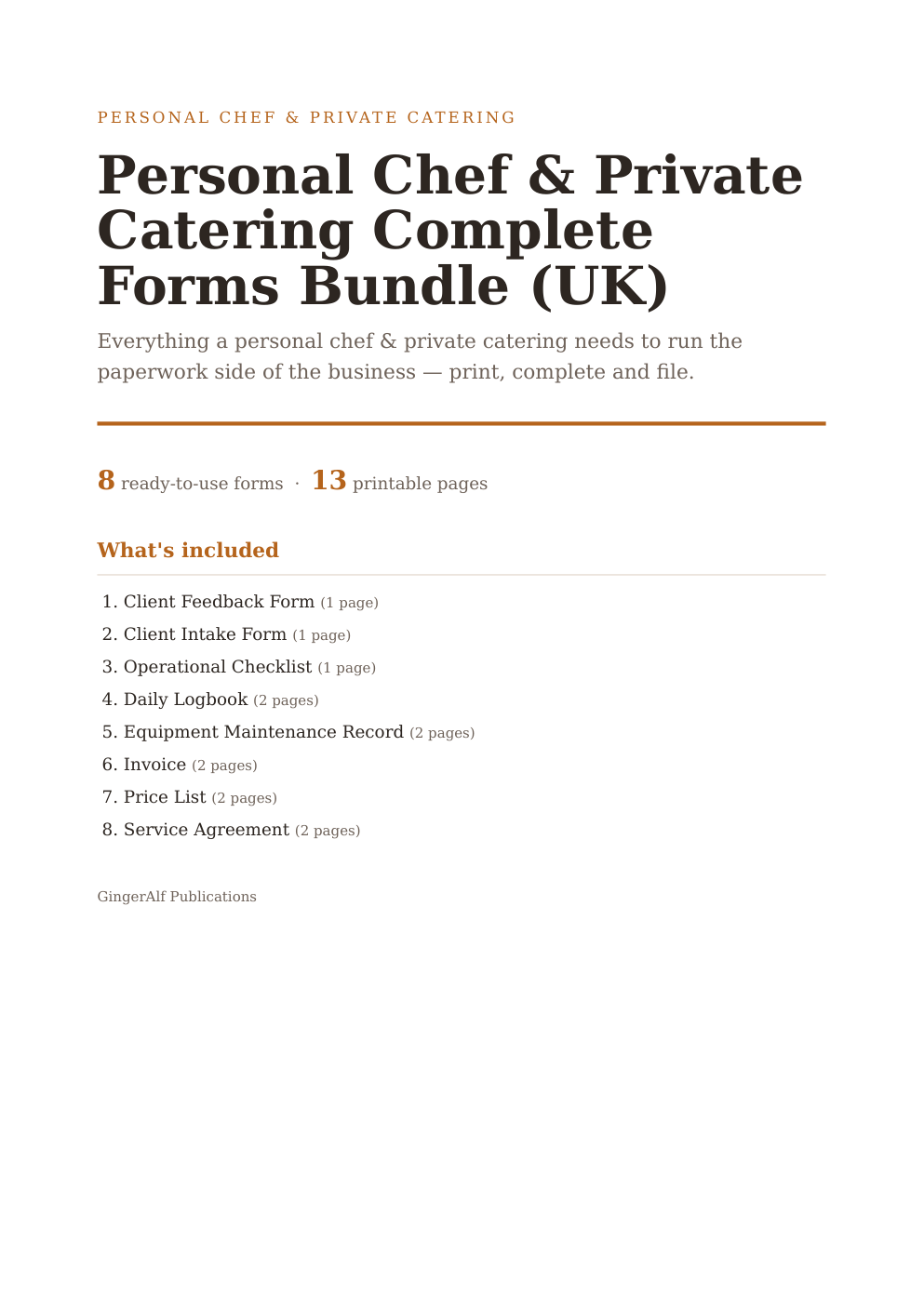 Personal Chef & Private Catering Complete Forms Bundle (UK) — preview