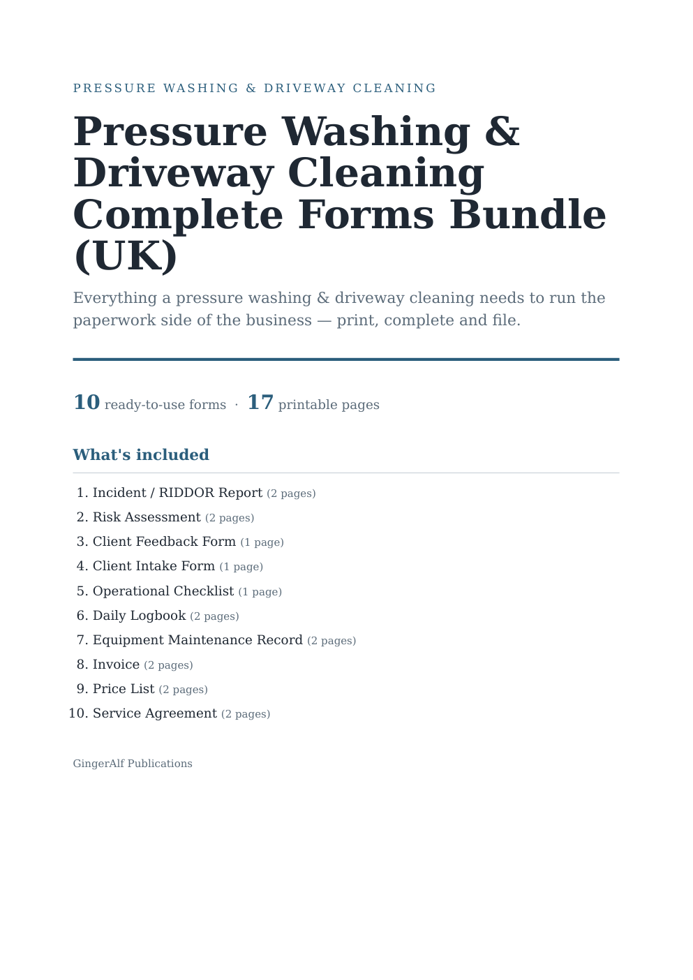 Pressure Washing & Driveway Cleaning Complete Forms Bundle (UK) — preview