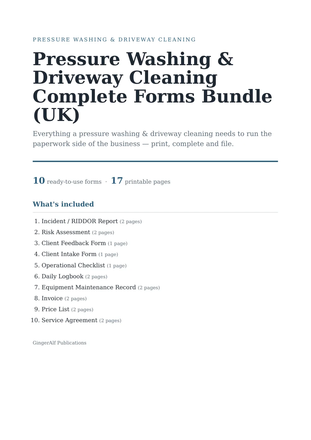Pressure Washing & Driveway Cleaning Complete Forms Bundle (UK) preview