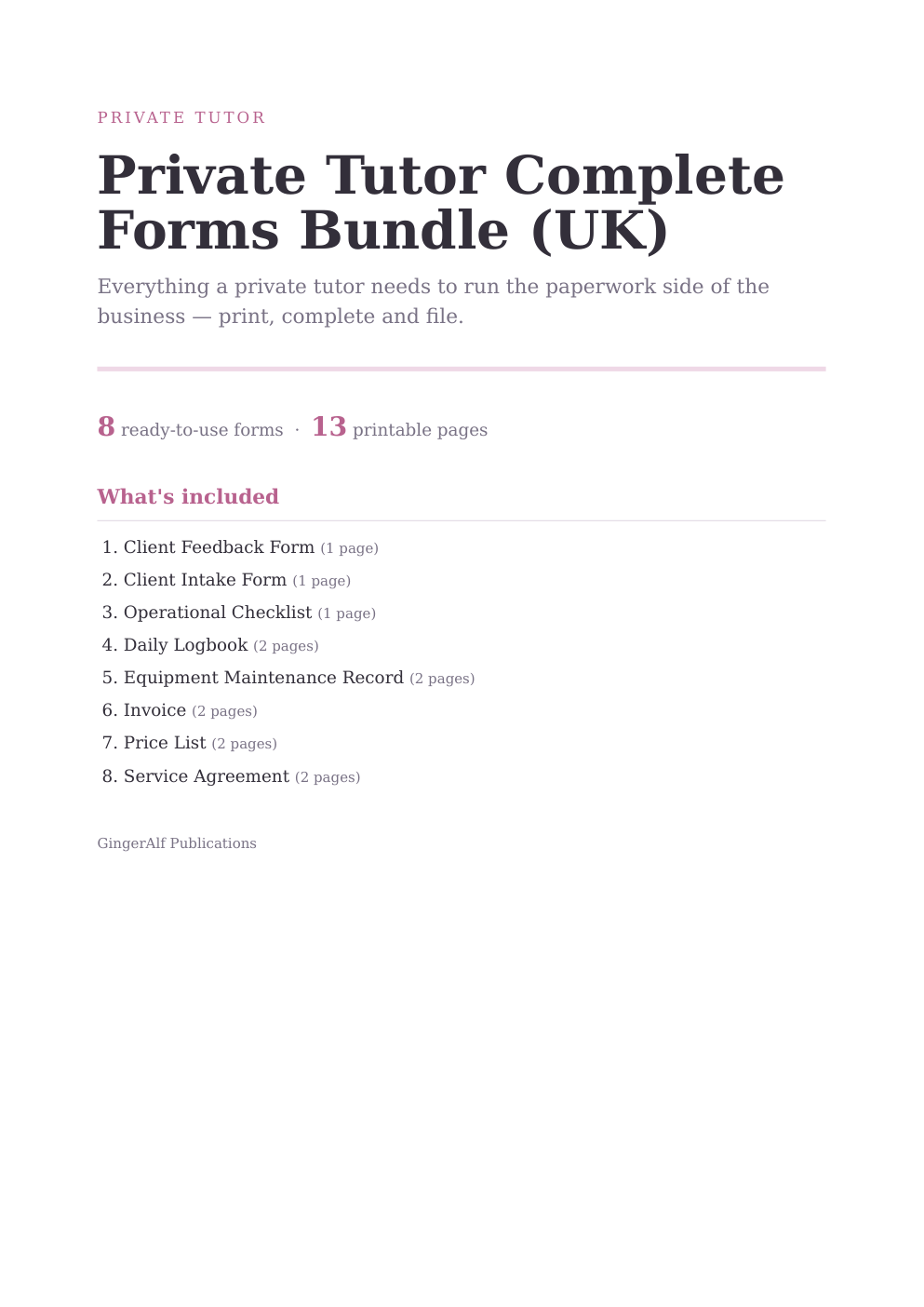 Private Tutor Complete Forms Bundle (UK) — preview