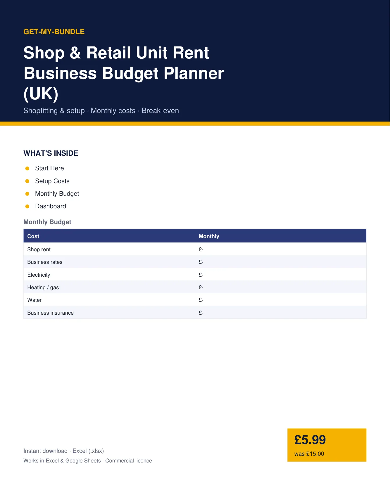 Shop & Retail Unit Rent Business Budget Planner (UK) preview