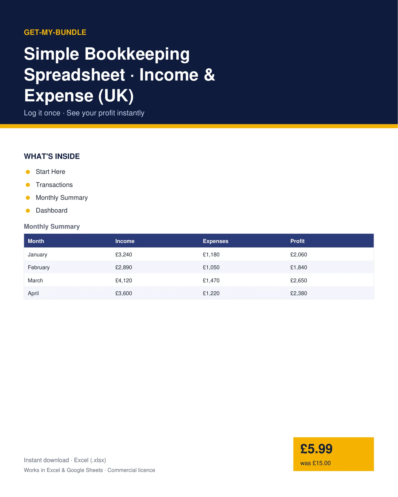 Simple Bookkeeping Spreadsheet — Income & Expense (UK) preview