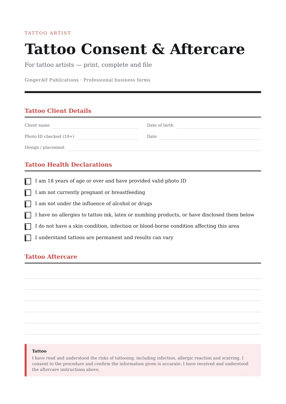 Tattoo Artist Complete Forms Bundle (UK) preview 3