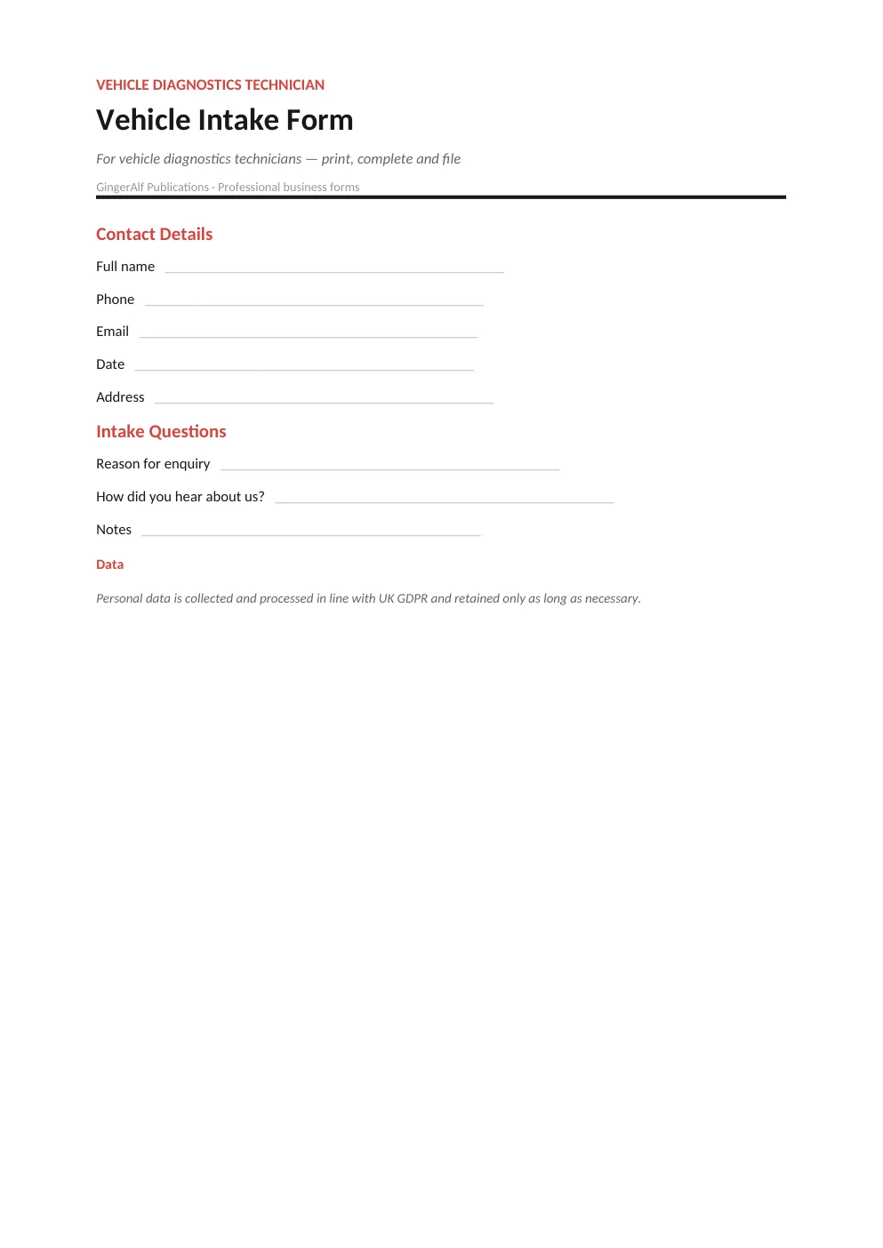 Vehicle Diagnostics Technician Complete Forms Bundle (UK) preview 4