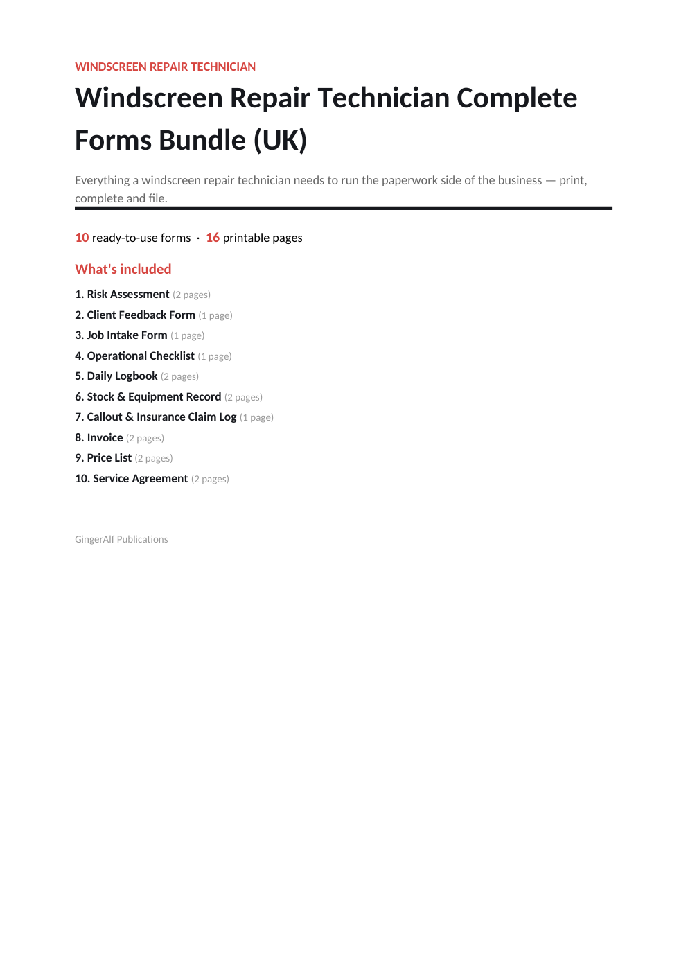 Windscreen Repair Technician Complete Forms Bundle (UK) — preview