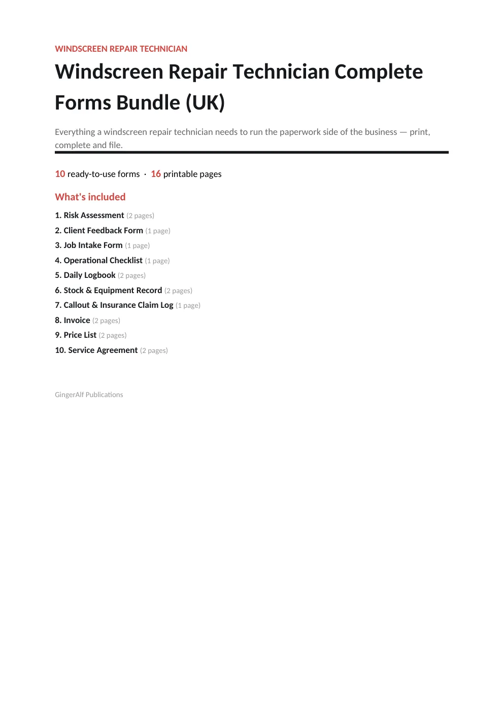Windscreen Repair Technician Complete Forms Bundle (UK) preview